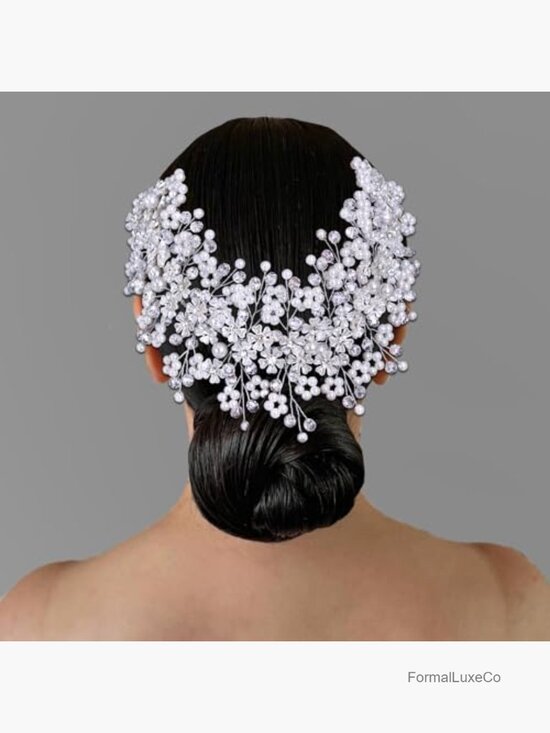 Crystal Pearl Flower Hairband Wedding Headpiece with Rhinestones Handmade main image 5